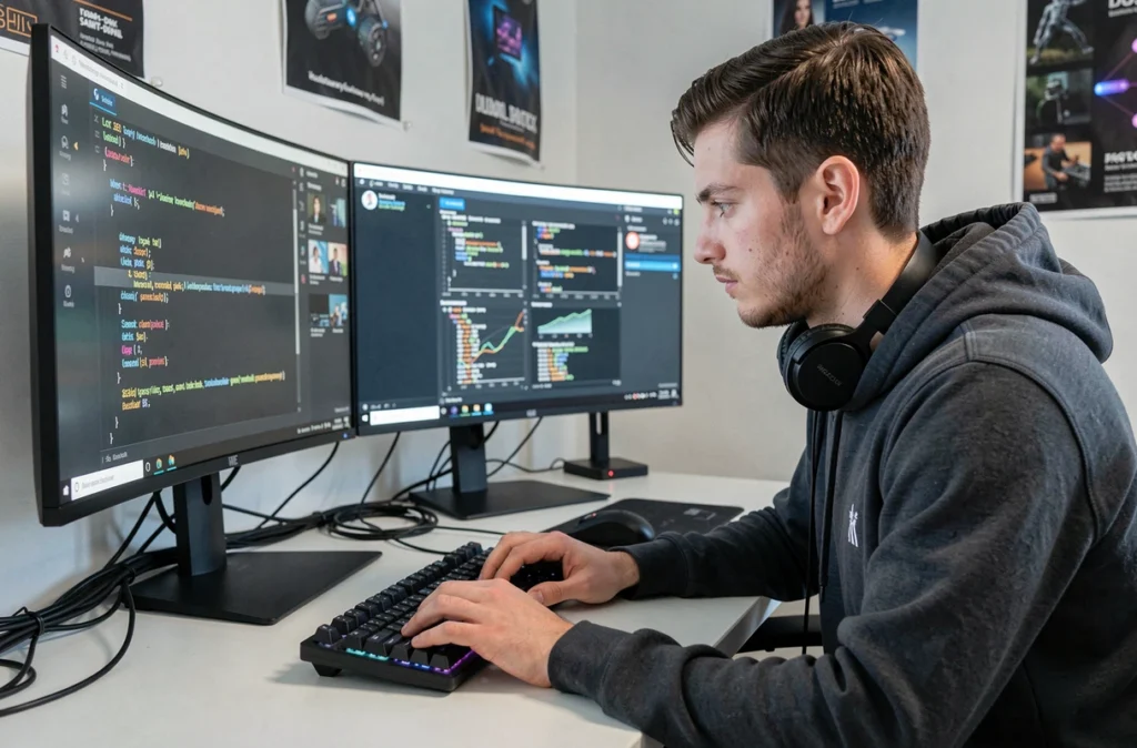 Développeur web et expert SEO d'Acelane concentré sur son code et ses analyses de référencement à Saint-Denis