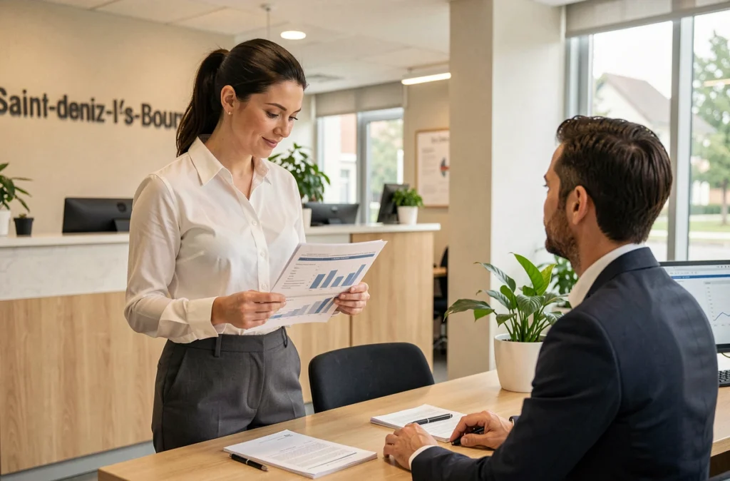 Experte-comptable expliquant un rapport financier à un client dans le cabinet Adec 01 à Saint-Denis-lès-Bourg