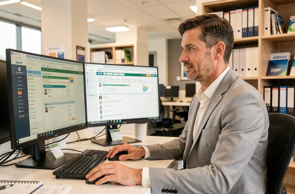 Conseiller en recrutement de l'agence Adecco Toulouse analysant des profils de candidats sur ordinateur