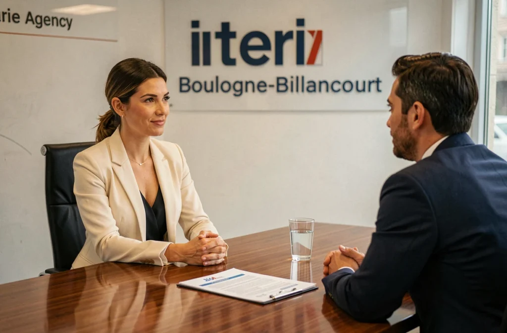 Recruteuse d'Adequat Interim Boulogne-Billancourt menant un entretien professionnel avec un candidat en agence