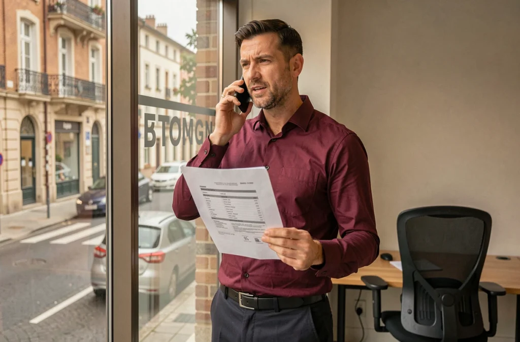 Consultant de l'agence Adéquat Toulouse au téléphone avec un CV en main devant une fenêtre sur la ville