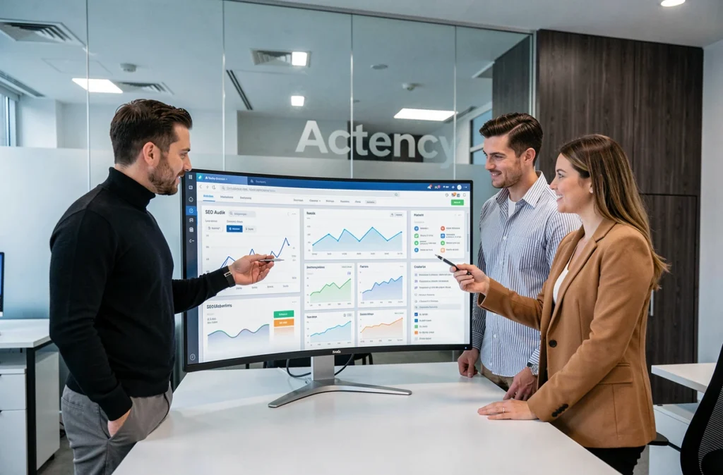 Équipe de l'agence Actency analysant un tableau de bord SEO complet avec graphiques de backlinks et statistiques de trafic dans leurs bureaux modernes