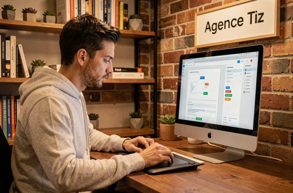 Designer web de l'Agence Tiz travaillant sur la structure d'un site optimisé pour le SEO avec une tablette graphique dans un studio chaleureux
