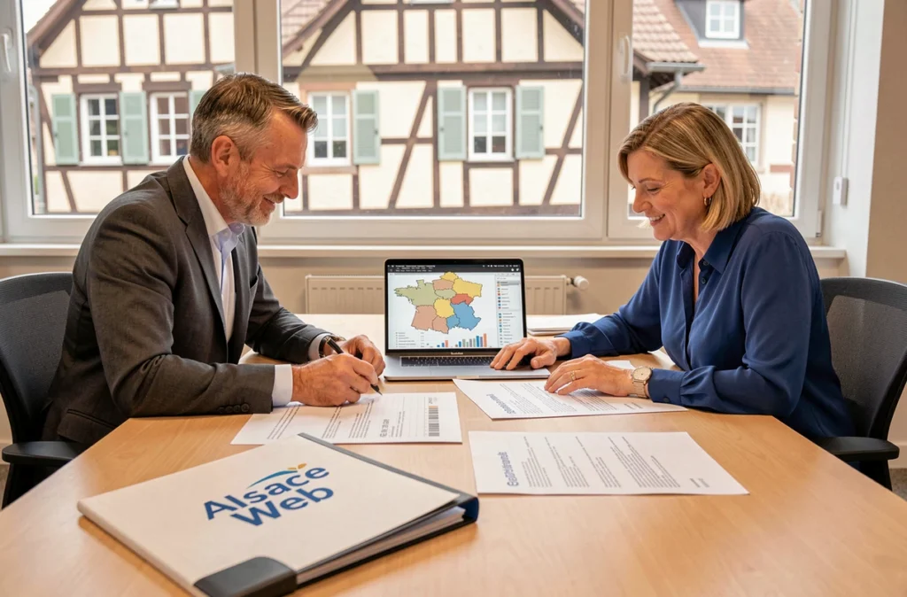 Deux experts de l'agence Alsace Web collaborant sur un audit SEO régional avec une carte de mots-clés d'Alsace dans une salle de réunion