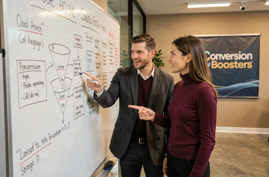 Deux experts de l'agence Conversion Boosters discutant d'une stratégie d'optimisation de conversion devant un tableau blanc dans leurs bureaux