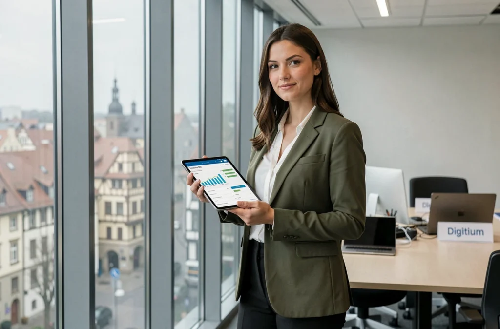 Directrice marketing de l'agence Digitium présentant un rapport SEO local devant la skyline de Strasbourg depuis les bureaux vitrés