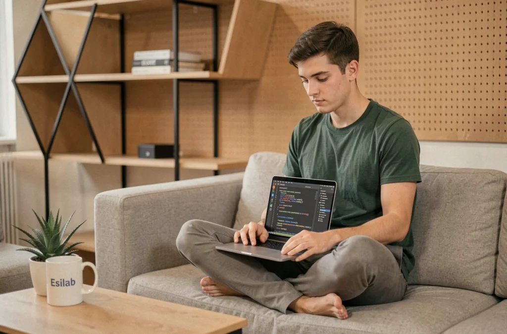 Développeur web de l'agence Esilab travaillant sur des données structurées et des optimisations SEO on-page dans un studio minimaliste