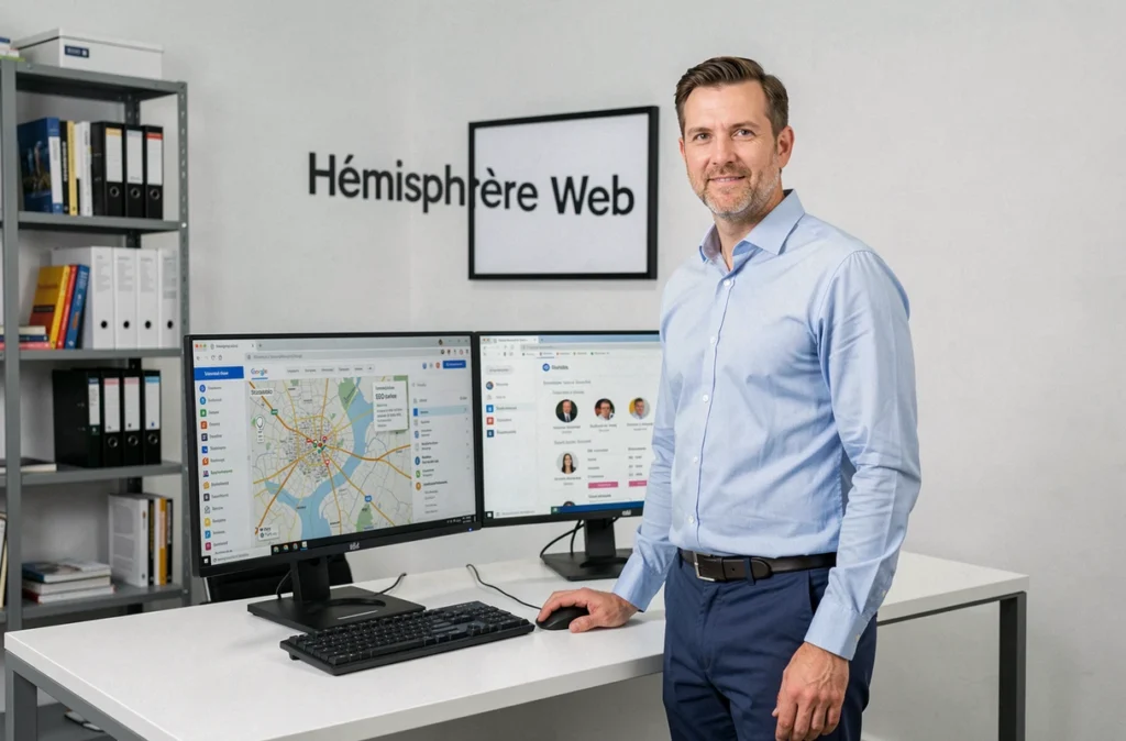 Chef de projet SEO d'Hémisphère Web consultant des rapports de référencement local de Strasbourg sur deux écrans dans un bureau professionnel