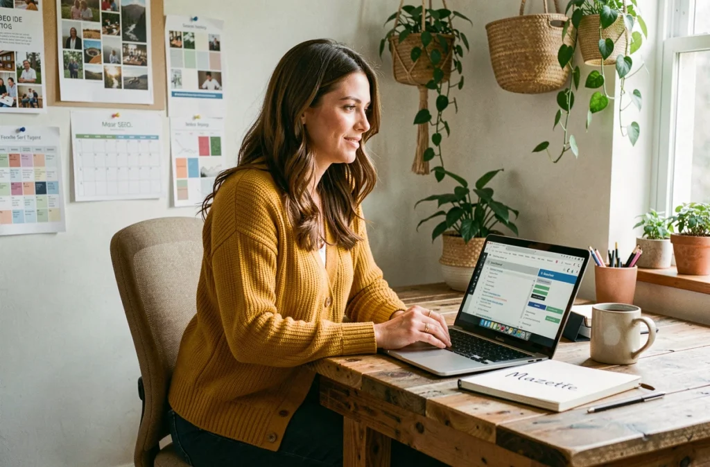 Stratège de contenu de l'agence Mazette entourée de plannings éditoriaux et d'un plan SEO dans un studio créatif et coloré