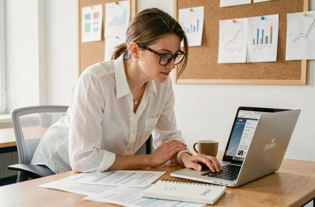 Consultante SEO de l'agence Seeseo examinant des recherches de mots-clés et des résultats de moteur de recherche dans un espace de coworking