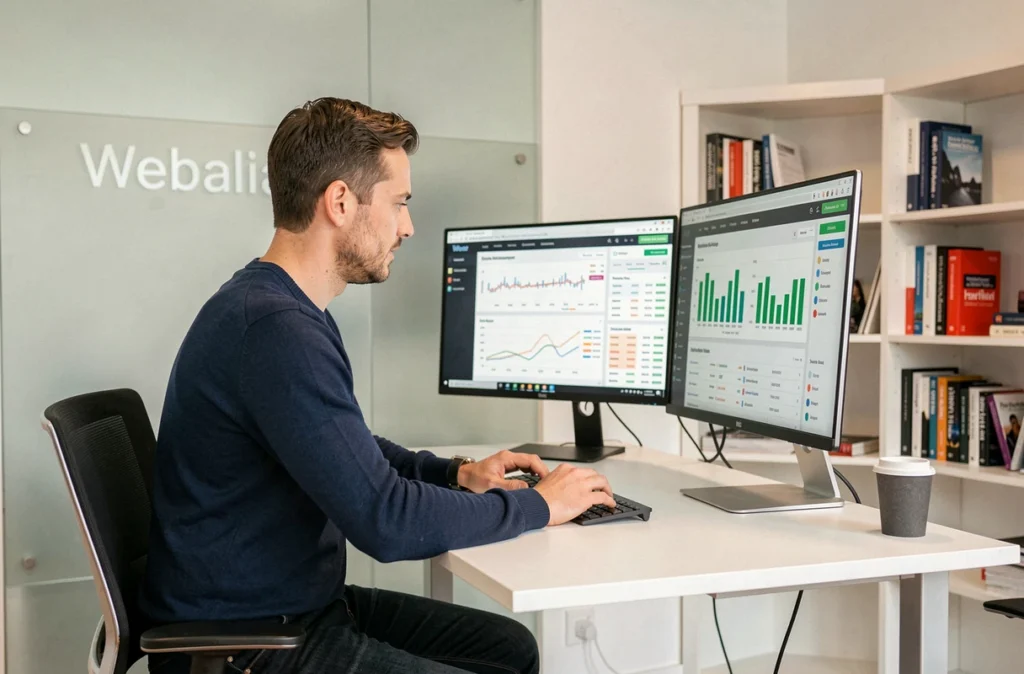 Stratège SEO de l'agence Webalia analysant des tableaux de bord de référencement sur deux écrans dans un bureau moderne