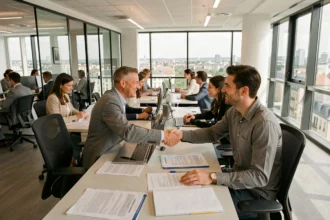 Vue d'ensemble d'une agence d'intérim moderne dans les Hauts-de-Seine avec des professionnels en entretien
