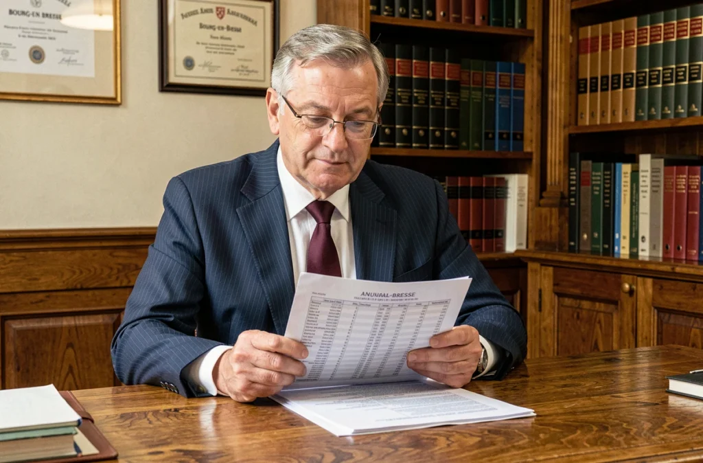Joël Bardet, expert-comptable expérimenté, examinant un bilan annuel dans son bureau traditionnel à Bourg-en-Bresse