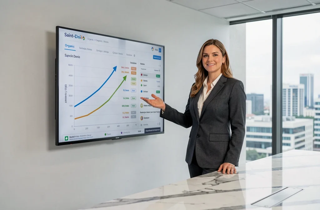 Expert en référencement de Boosterlink présentant des résultats SEO sur grand écran dans un bureau à Saint-Denis