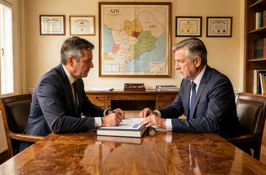 Deux experts-comptables du Cabinet MVA-GID en réunion autour d'un rapport d'audit dans leurs bureaux à Bourg-en-Bresse