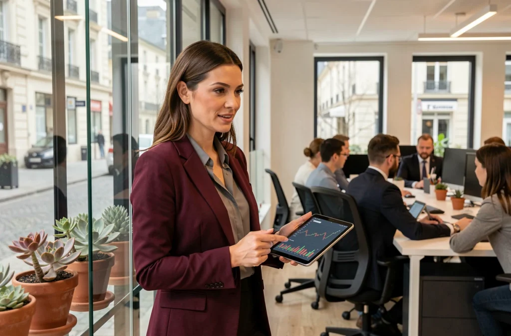 Experte-comptable du Cabinet Vinciguerra présentant des résultats financiers sur tablette à un client dans son bureau à Bourg-en-Bresse