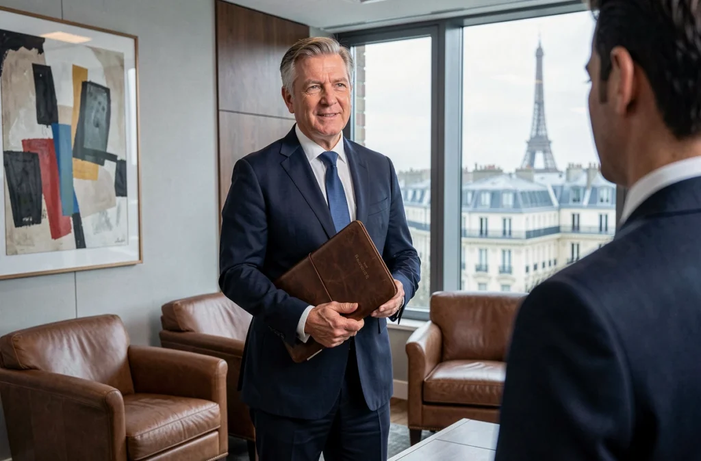 Consultant senior du Cercle Intérimaire dans un cadre d'agence haut de gamme accueillant un cadre en recherche d'emploi