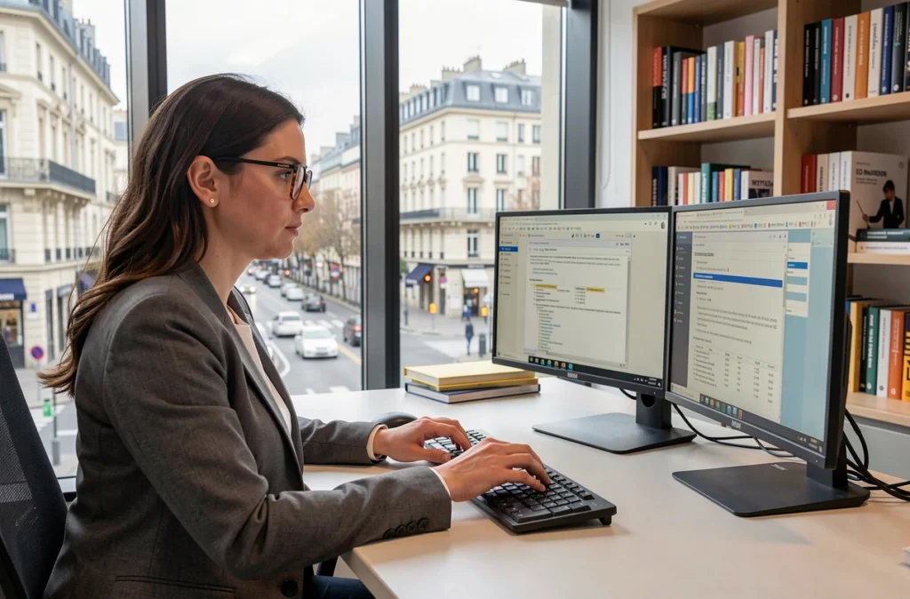 Consultante de l'agence Exploreum analysant des rapports SEO dans un bureau moderne en Seine-Saint-Denis