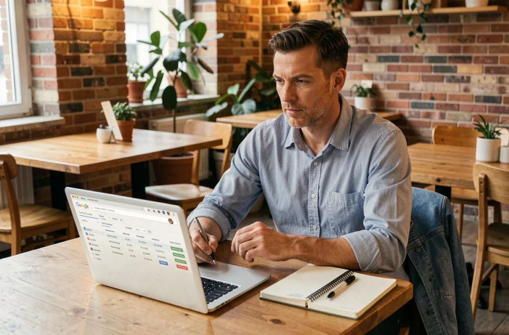 Consultant référencement Goldmund travaillant sur une stratégie SEO dans un café coworking à Montreuil