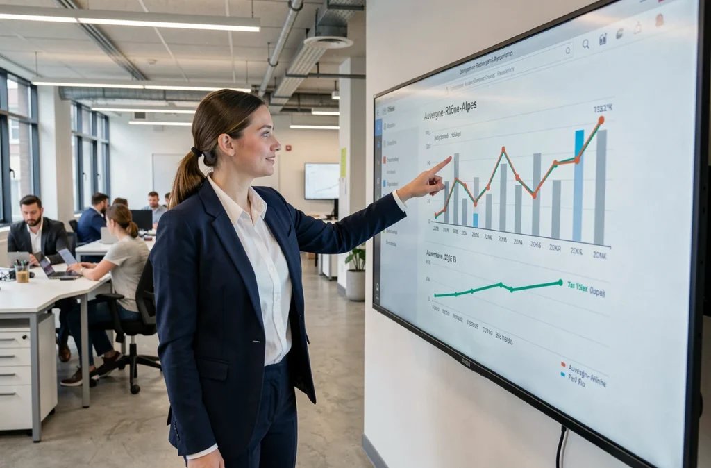 Jeune experte-comptable d'Inelys présentant des graphiques de croissance régionale dans un bureau moderne en Auvergne-Rhône-Alpes