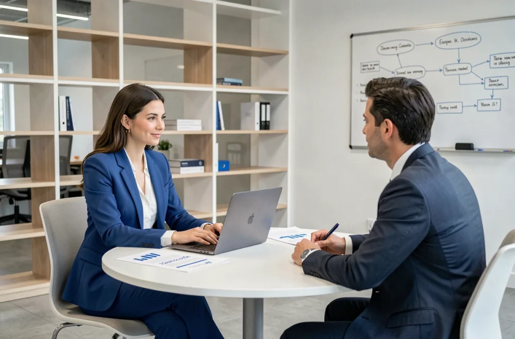 Consultante RH de l'agence LIP Solutions RH Toulouse en réunion de conseil avec un client professionnel