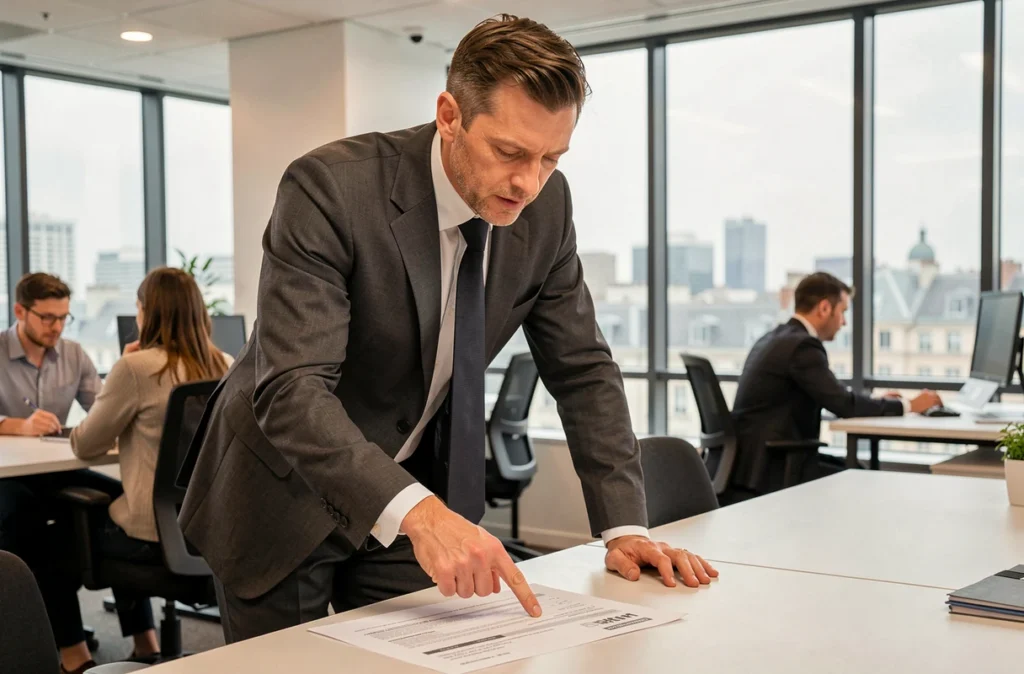 Consultant en recrutement chez Manpower Boulogne-Billancourt présentant un contrat d'intérim à un candidat