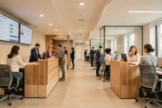 Vue d'ensemble d'une agence d'intérim moderne en Haute-Garonne avec des professionnels en consultation