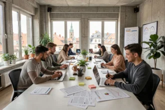 Vue panoramique d'une agence SEO moderne à Strasbourg avec des professionnels collaborant autour d'analyses et de rapports numériques