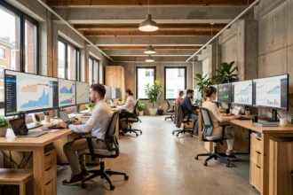 Vue d'ensemble d'un bureau moderne de consultants SEO en Seine-Saint-Denis avec des professionnels travaillant sur des analyses web