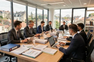 Vue générale d'un cabinet d'expertise comptable dans l'Ain avec une équipe de professionnels collaborant autour d'une table de travail