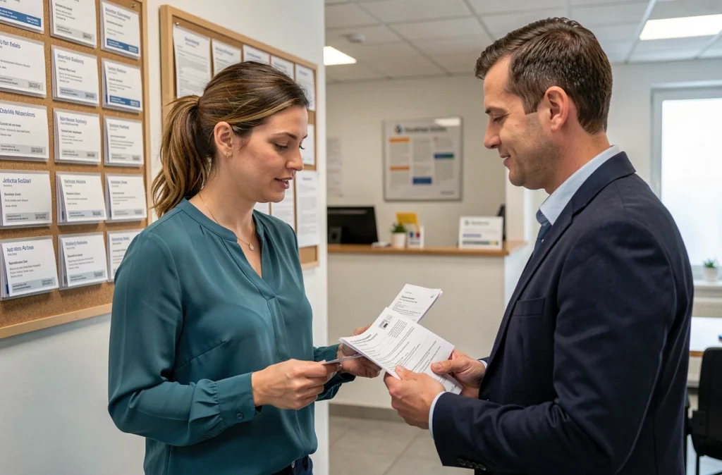 Équipe d'Option Intérim Nanterre discutant de dossiers de candidature devant un tableau d'offres d'emploi