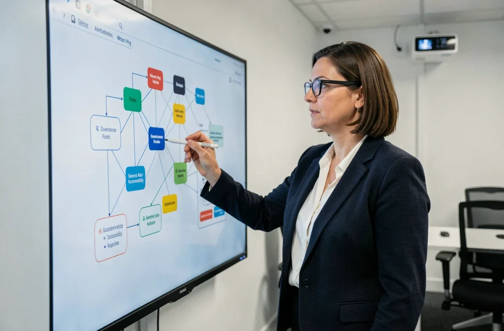 Professionnelle présentant un cadre de gouvernance sur un tableau numérique interactif en salle de formation
