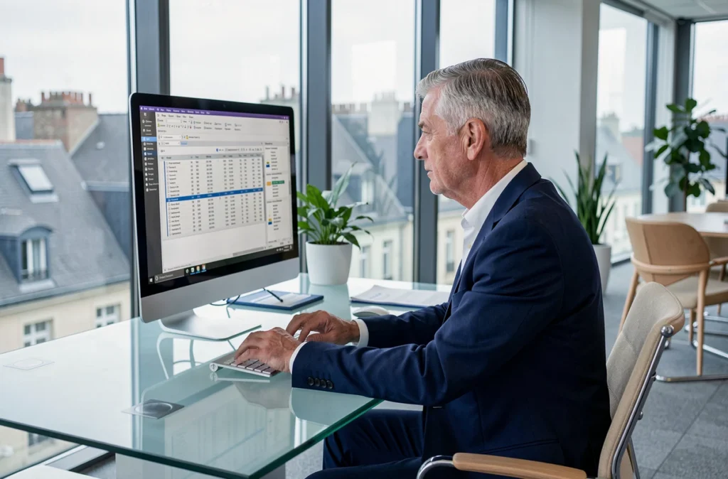Expert-comptable masculin senior en costume bleu marine travaillant sur des données financières dans un bureau moderne de PwC à Bourg-en-Bresse