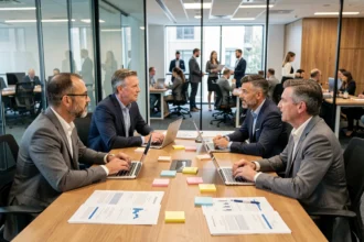 Équipe de professionnels en réunion de gouvernance autour d'une table de conférence avec documents et laptops