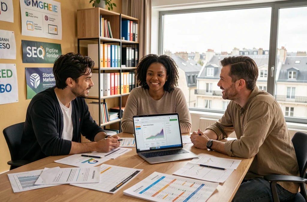 Équipe de l'agence Rhillane Marketing Digital collaborant sur une stratégie SEO couvrant la Seine-Saint-Denis