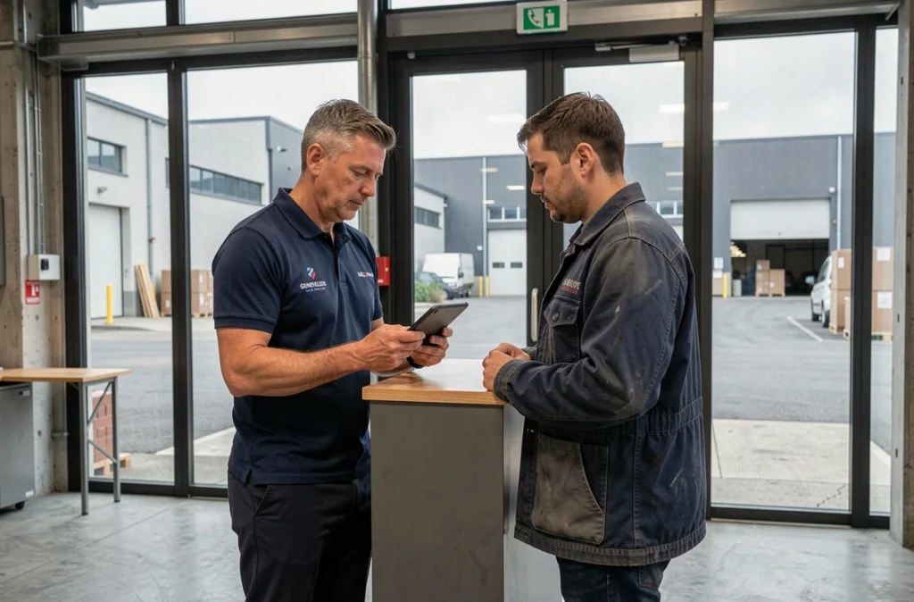 Recruteur de Samsic Emploi Gennevilliers accueillant un candidat dans un environnement logistique industriel