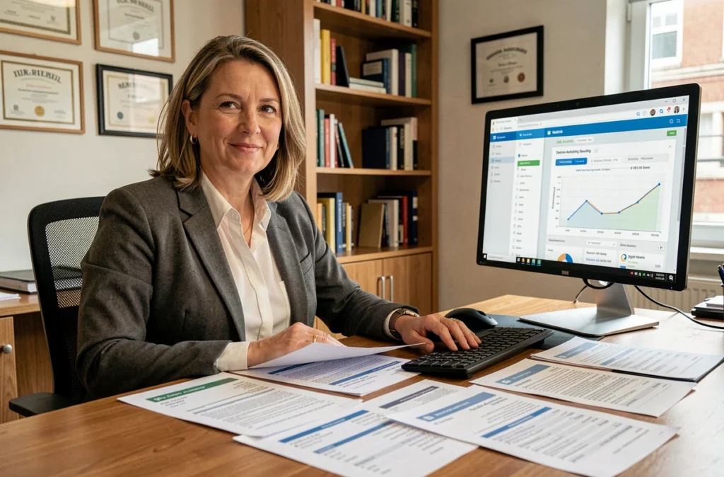 Scaglia Marie-Christine, spécialiste netlinking à Montreuil, analysant des profils de backlinks dans son agence