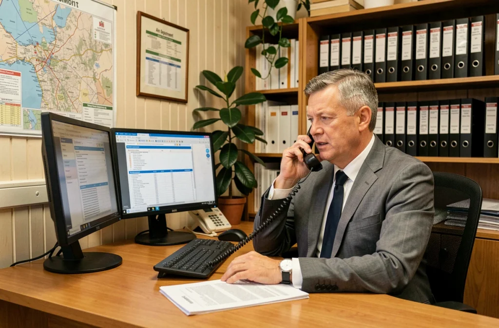 Expert-comptable de Secogest en communication téléphonique dans son cabinet comptable de l'Ain, entouré de dossiers clients bien organisés