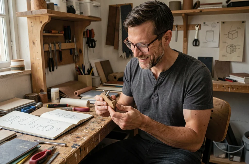 Artisan entrepreneur examinant un objet prototype unique dans un atelier de création avec des matériaux et des carnets de croquis