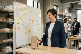Entrepreneuse devant un tableau blanc avec des schémas de prototype d'un produit innovant dans un espace de travail moderne